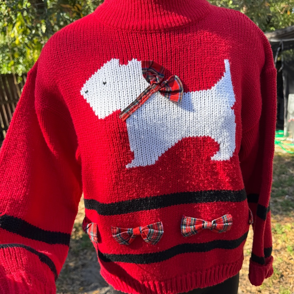 1980s Vintage Spice of Life Scotty Dog Plaid Bows Pullover Sweater - Picture 5 of 9